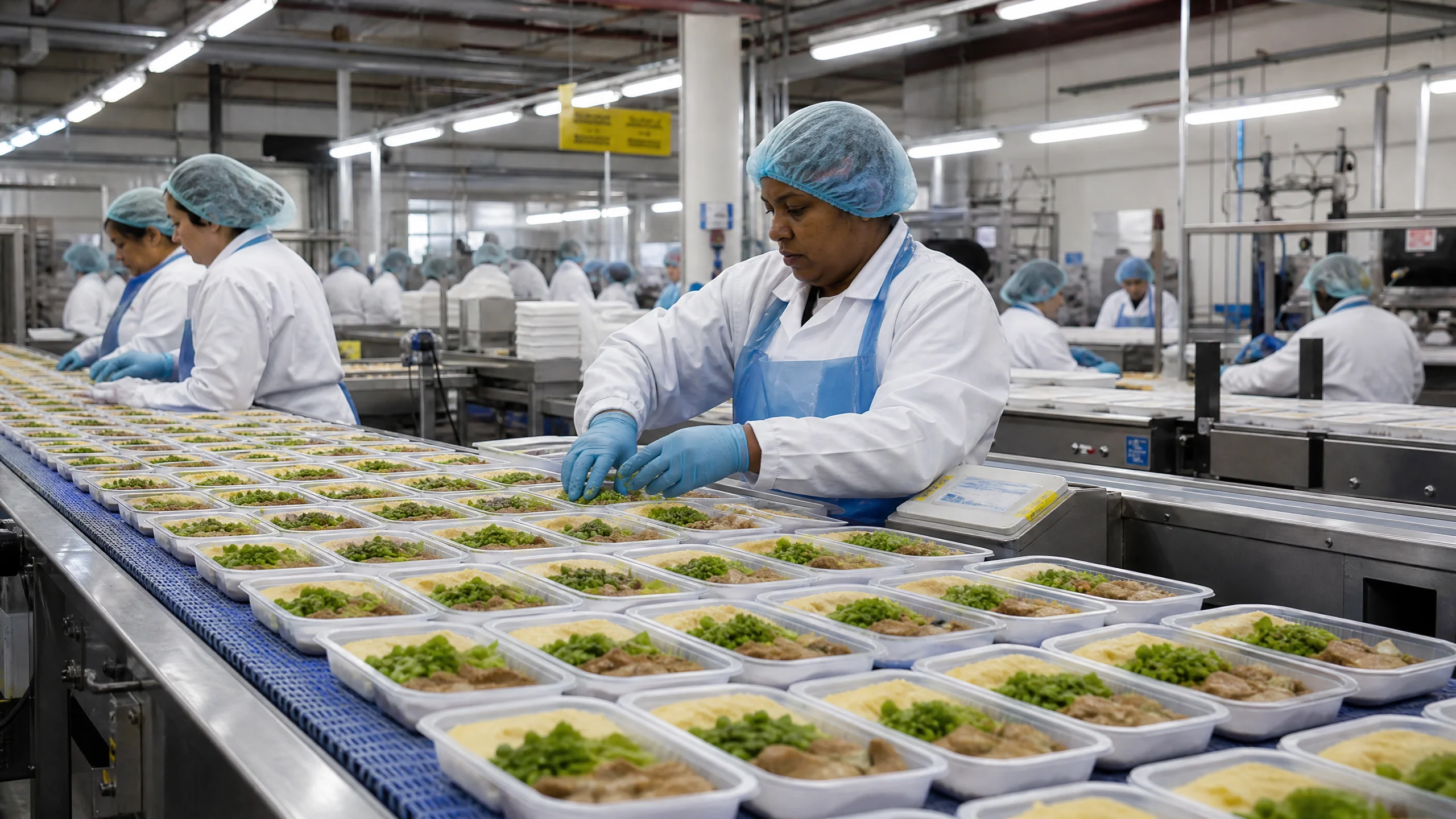 预制菜工厂流水线上工人正在大批量包装预制餐食